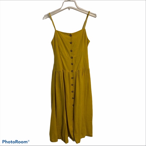 Urban Outfitters Linen Button-Down Drop Waist Pleated Skirt Midi Dress Mustard - Picture 5 of 16
